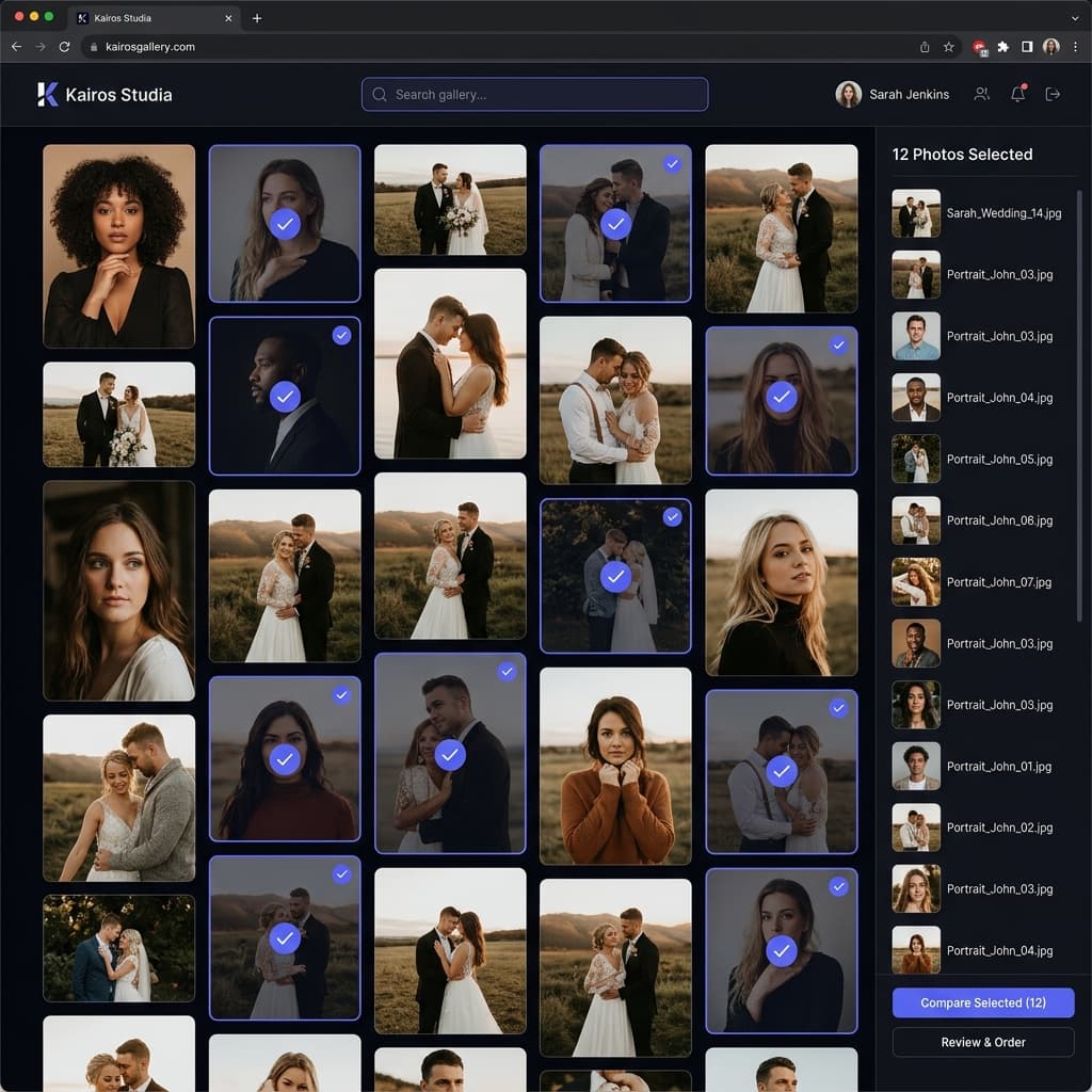 Kairos Studia client gallery interface — photo selection and delivery platform